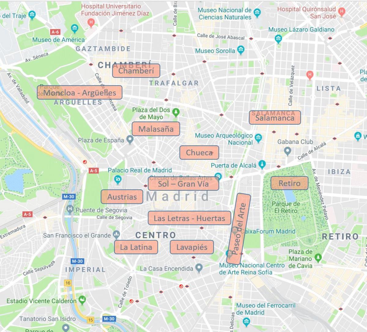 bản đồ của Madrid, Tây ban nha khu phố