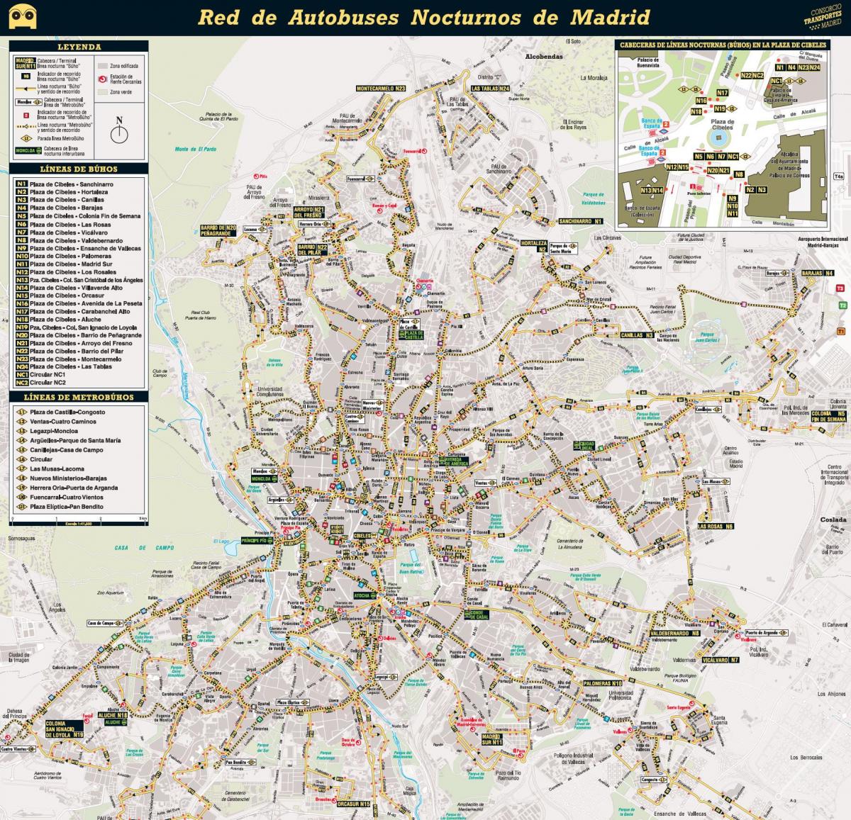 bản đồ của Madrid đêm xe buýt 